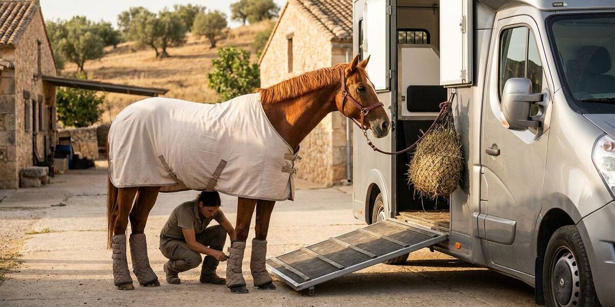 Preparar al caballo para el viaje Caballo con protectores de viaje y manta junto a la rampa de una furgoneta