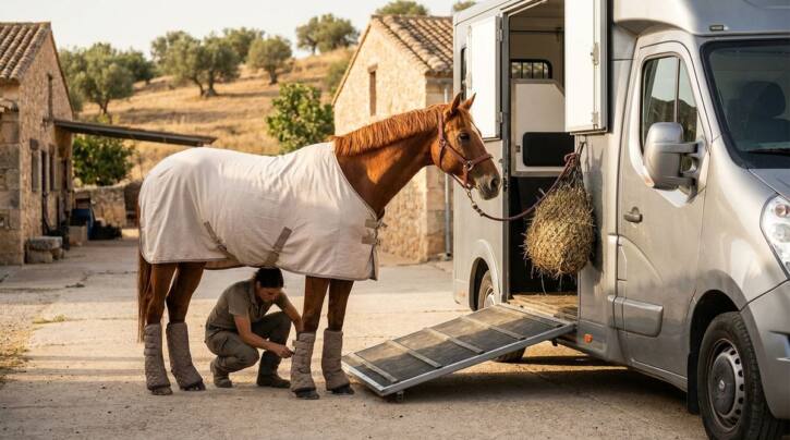 Caballo con protectores de viaje y manta junto a la rampa de una furgoneta
